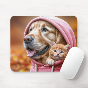 Alfombrilla De Ratón Golden Retriever y Kitten in Pink Hoodie