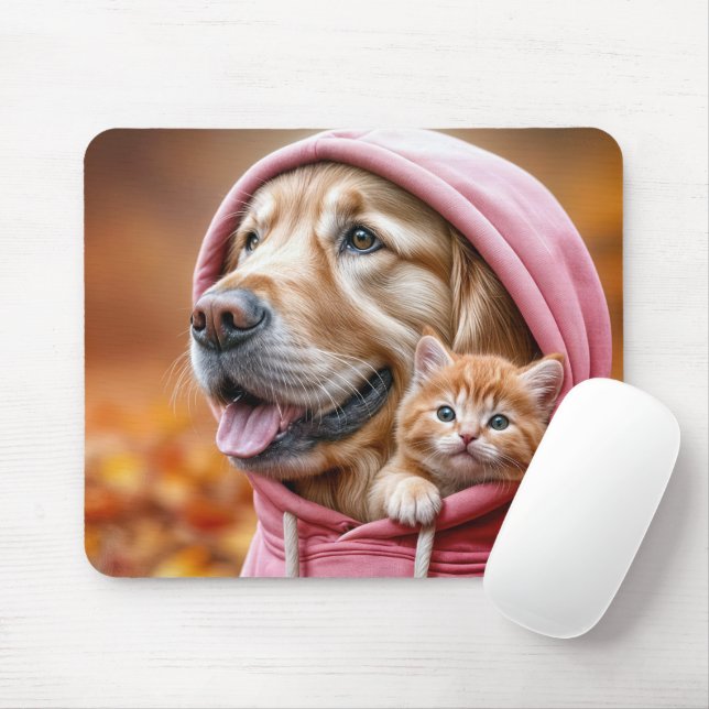 Alfombrilla De Ratón Golden Retriever y Kitten in Pink Hoodie (Con ratón)