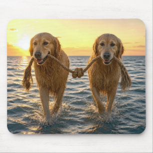 Alfombrilla De Ratón Golden Retrievers caminando con una cuerda anudada