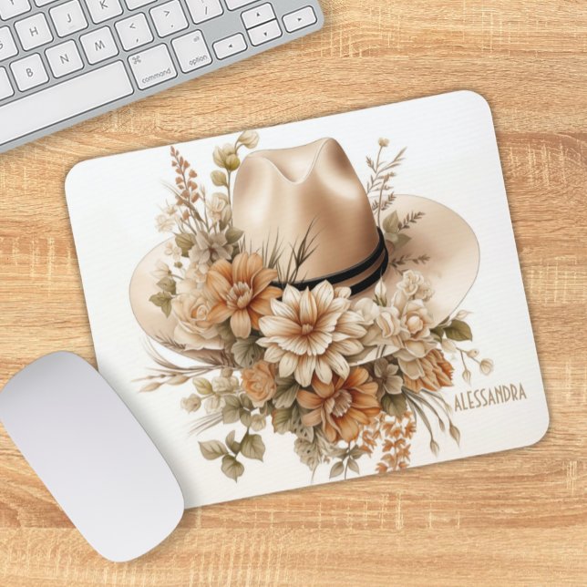Alfombrilla De Ratón Gorra de vaca personalizada Almohadilla de ratón R (Elegant Shabby Chic Cowgirl Hat with Wildflowers Personalized Mouse Pad)