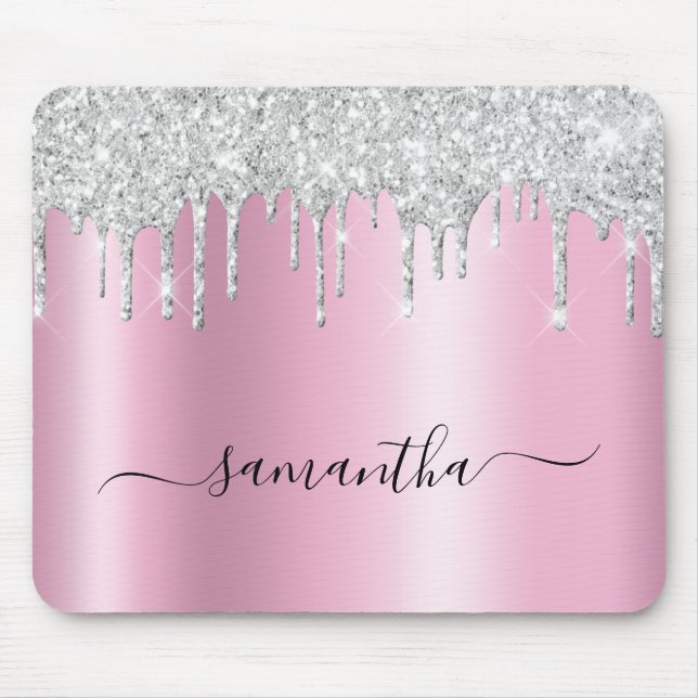 Alfombrilla De Ratón Goteos de brillo plateado con brillo rosa (Frente)