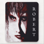 Alfombrilla De Ratón Gothic God Post Punk Goth Music Man Portrait Art<br><div class="desc">This original art piece is inspired by the fashion and music of the goth,  post punk scene. Painting of a goth man done with acrylic paint on canvas has strong black and white contrast set off with blasts of red. The intensity of his eyes look right into your soul.</div>