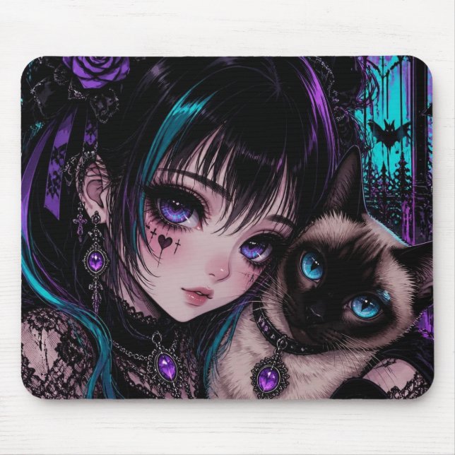 Alfombrilla De Ratón Gótico Emo | Chica Anime & Gato (Frente)