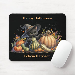 Alfombrilla De Ratón Gourds de Halloween Black Witch's Kitten W/ Pumpki
