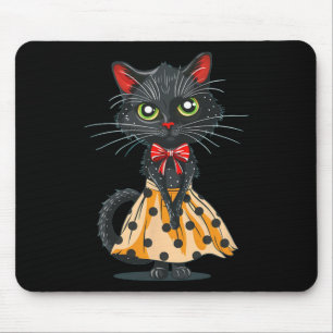 Alfombrilla De Ratón Gracioso Bow Cat Con Vestido De Punto Polka