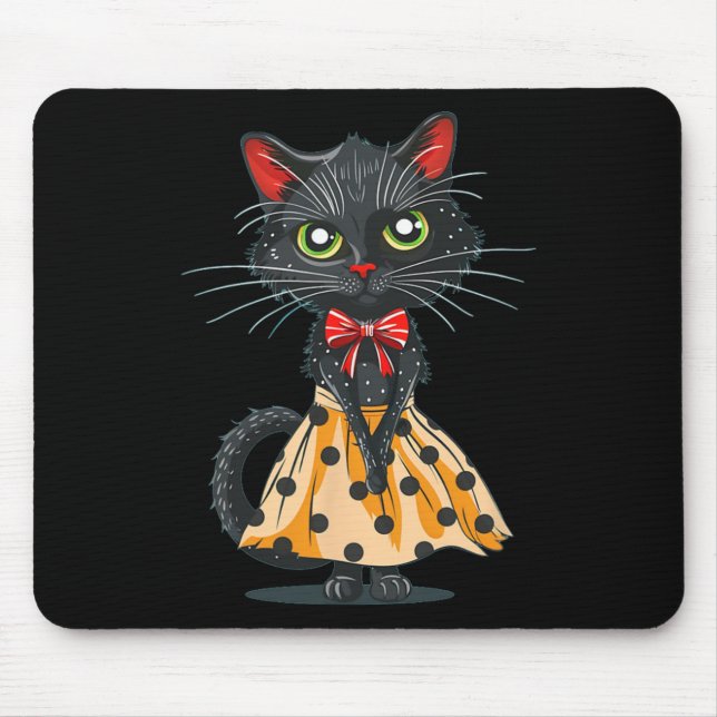 Alfombrilla De Ratón Gracioso Bow Cat Con Vestido De Punto Polka (Frente)