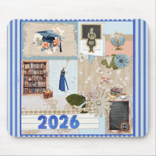 Alfombrilla De Ratón Graduación 2026 Niña en Escuela Antiguo, Azul
