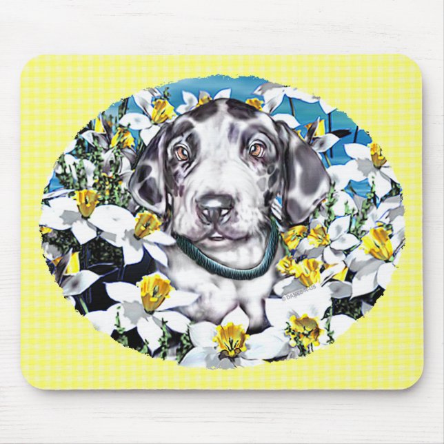 Alfombrilla De Ratón Gran dane pup en Daffodils Harlequin (Frente)