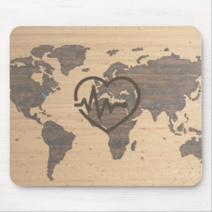 Alfombrilla De Ratón Grano de madera de World Map Heartbeat
