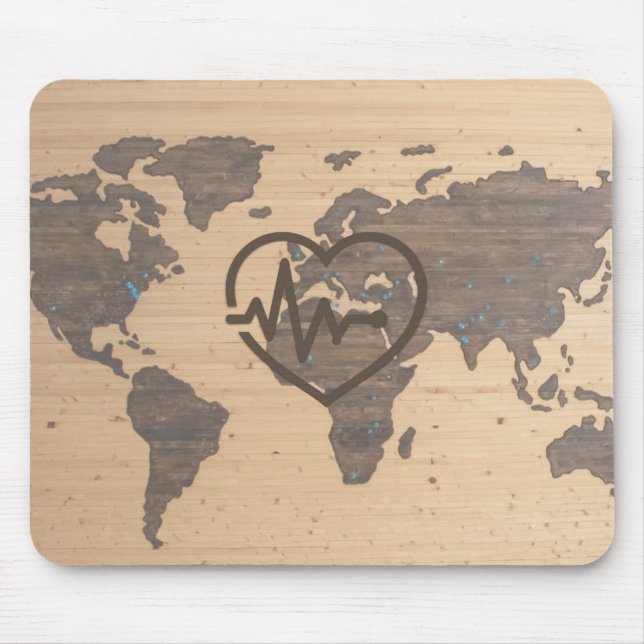 Alfombrilla De Ratón Grano de madera de World Map Heartbeat (Frente)