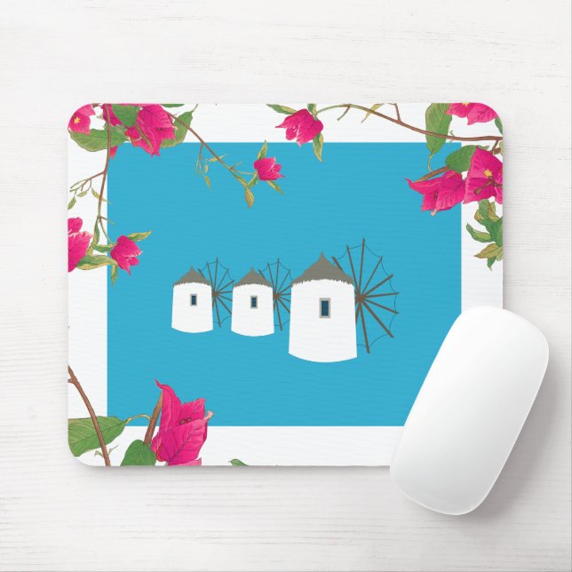Alfombrilla De Ratón Grecia Bougainvillea Isla Griega Molinos de viento (Con ratón)