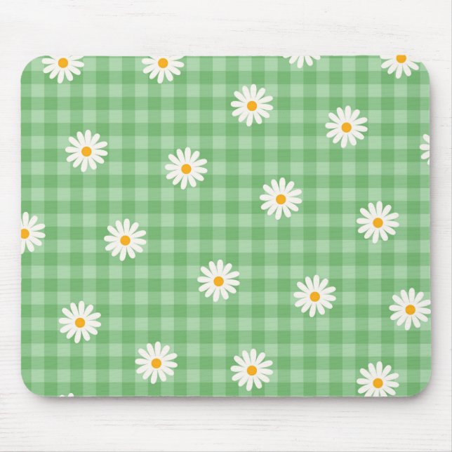 Alfombrilla De Ratón Green Daisy Plaid Gingham Check Flower Pattern (Frente)