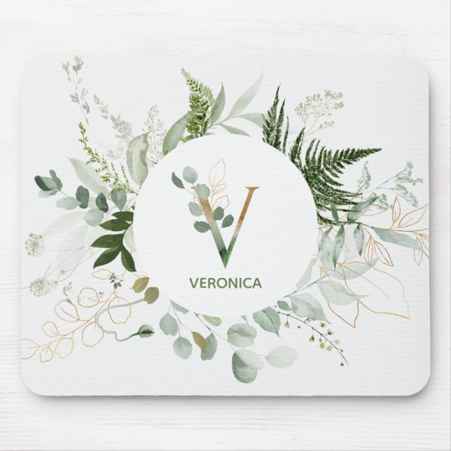 Alfombrilla De Ratón Greenery Wreath Monogram Letter V Mouse Pad (Frente)