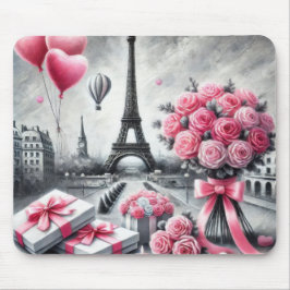 ALFOMBRILLA DE RATÓN GRIS CON FLORES DÍA DE SAN VALENTÍN DE PARÍS ROSA