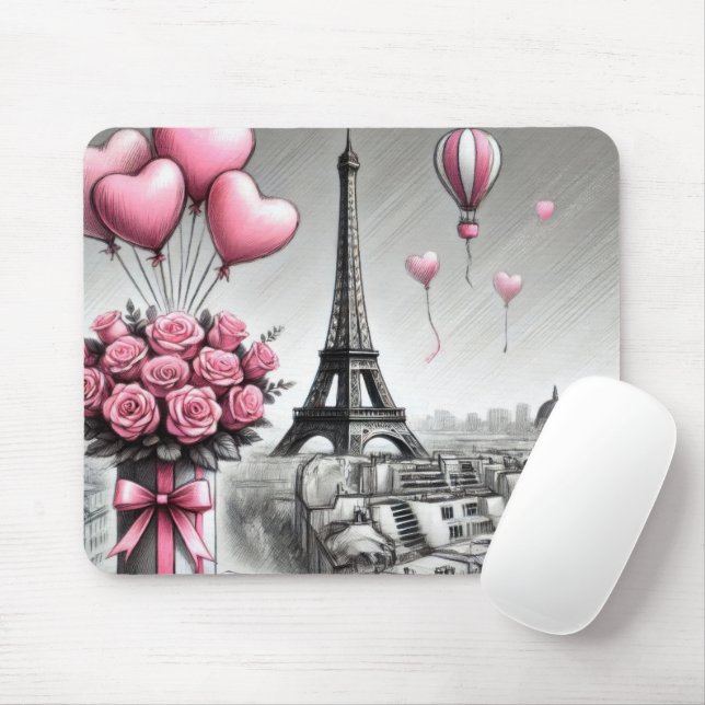 ALFOMBRILLA DE RATÓN GRIS CON FLORES DÍA DE SAN VALENTÍN DE PARÍS ROSA (Con ratón)