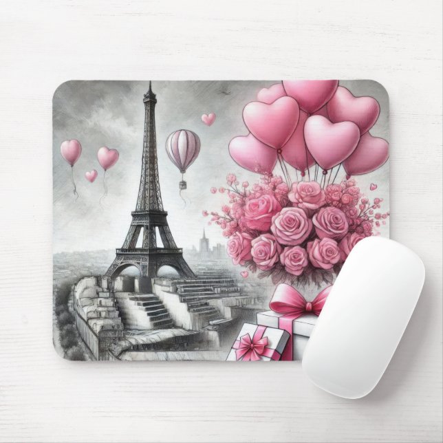 ALFOMBRILLA DE RATÓN GRIS CON FLORES DÍA DE SAN VALENTÍN DE PARÍS ROSA (Con ratón)