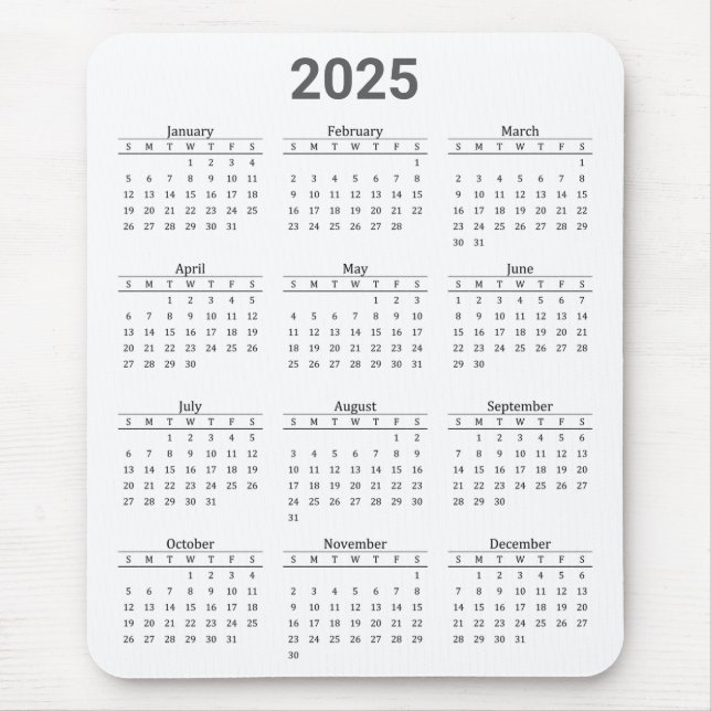 Alfombrilla De Ratón Gris y blanco 2025 año en un calendario brillante (Frente)