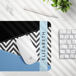 Alfombrilla De Ratón Gris Zigzag, Gris Chevron, Azul, Tu Nombre