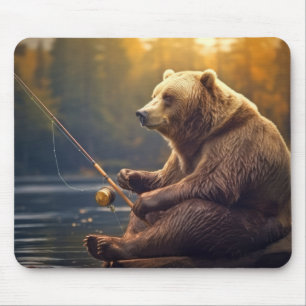 Alfombrilla De Ratón Grizzly Bear Animal Fun Lake Fishing Time