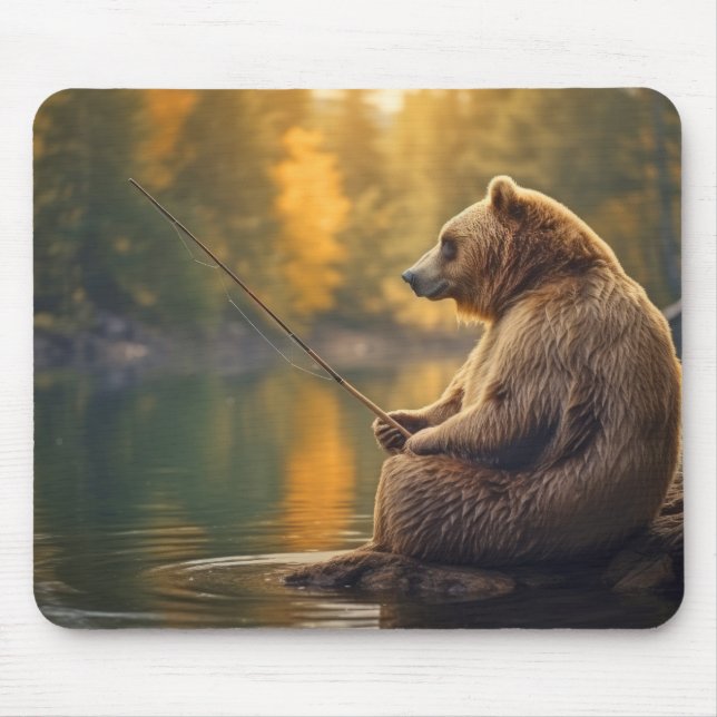Alfombrilla De Ratón Grizzly Bear Animal Fun Lake Fishing Time (Frente)