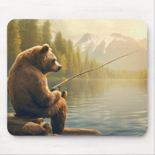 Alfombrilla De Ratón Grizzly Bear Animal Fun Lake Fishing Time