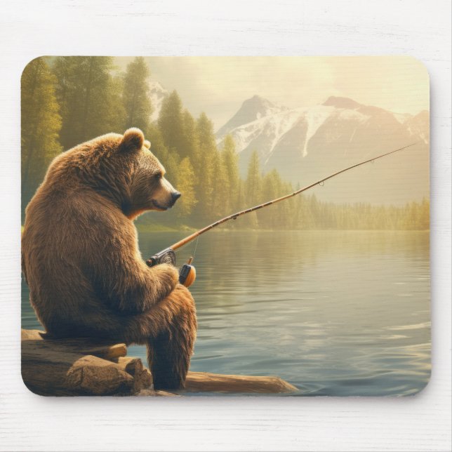 Alfombrilla De Ratón Grizzly Bear Animal Fun Lake Fishing Time (Frente)