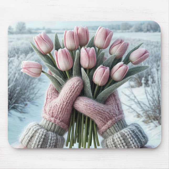 Alfombrilla De Ratón Guantes rosados sosteniendo un buquete de tulipán (Frente)