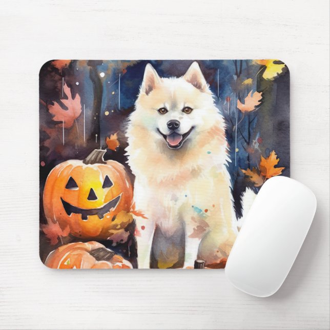 Alfombrilla De Ratón Halloween American Akita con calabazas aterradoras (Con ratón)