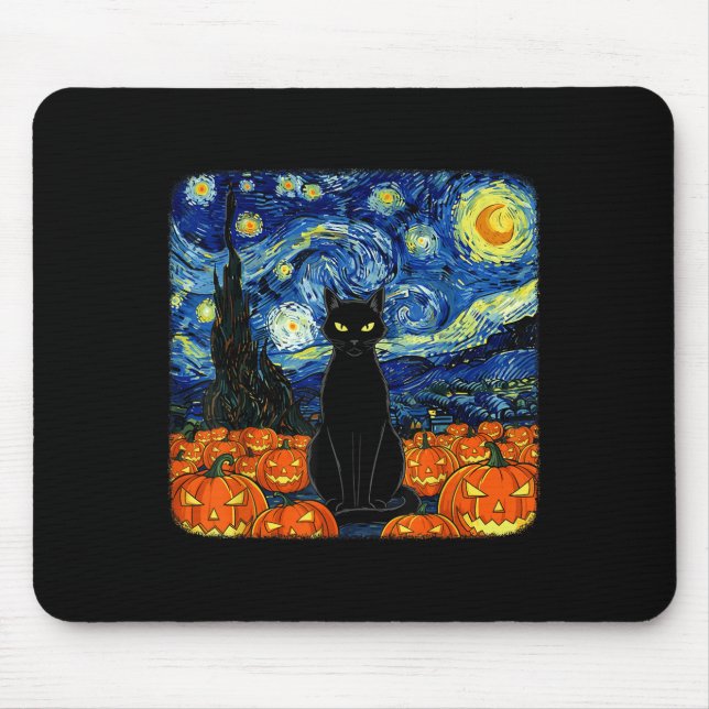 Alfombrilla De Ratón Halloween Black Cat Costume Van Gogh Starry Night (Frente)