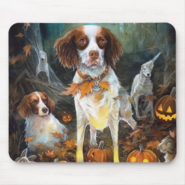 Alfombrilla De Ratón Halloween Brittany Spaniel con calabazas aterrador (Frente)