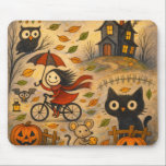 Alfombrilla De Ratón Halloween Cat & Bicycle Girl Mousepad<br><div class="desc">Charming mousepad featuring a whimsical autumn Halloween scene with a smiling girl riding a bicycle under an umbrella, surrounded by swirling leaves, a black cat, jack-o-lanterns, an owl, a bat, a tiny mouse, and a crooked haunted house. Warm orange and charcoal tones give this spooky-cute design a cozy seasonal feel...</div>