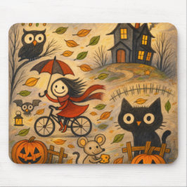 Alfombrilla De Ratón Halloween Cat & Bicycle Girl Mousepad