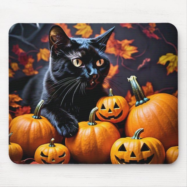 Alfombrilla De Ratón Halloween de Otoño Negro Cat & Pumpkins Mouse Pad (Frente)