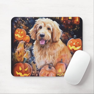 Alfombrilla De Ratón Halloween Goldendoodle con calabazas aterrador