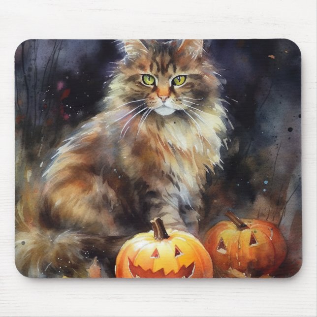 Alfombrilla De Ratón Halloween Maine Coon Cat Con Calabazas Temerosas (Frente)