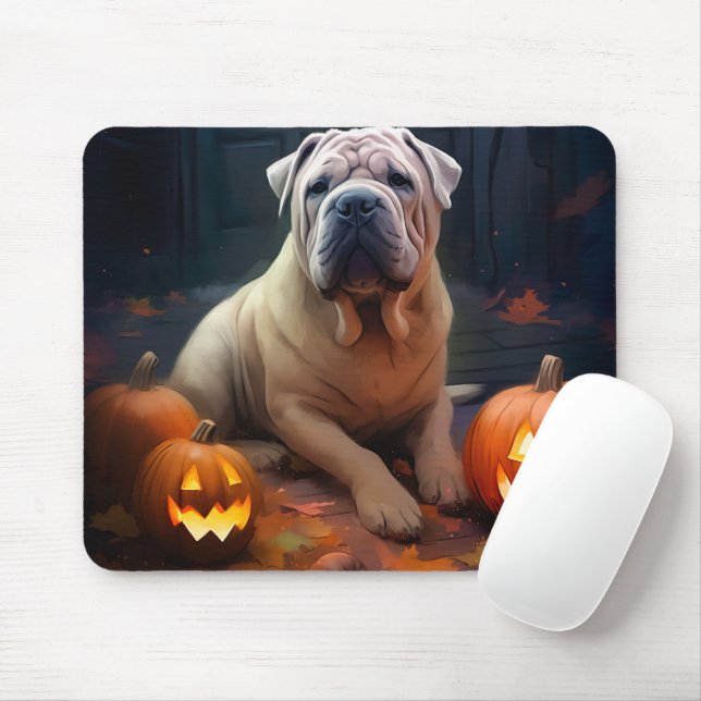Alfombrilla De Ratón Halloween Shar Pei con calabazas aterradoras (Con ratón)