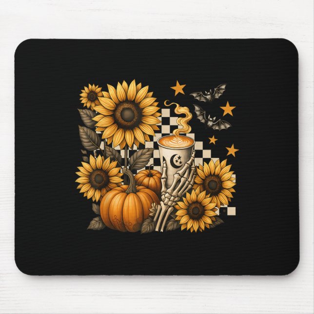 Alfombrilla De Ratón Halloween Skeleton Coffee, Soky Sunflowers Pumpkin (Frente)
