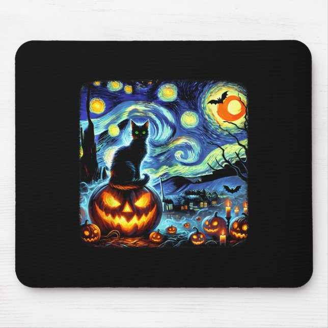 Alfombrilla De Ratón Halloween Van Gogh Starry Night Black Cat Pumpkins (Frente)