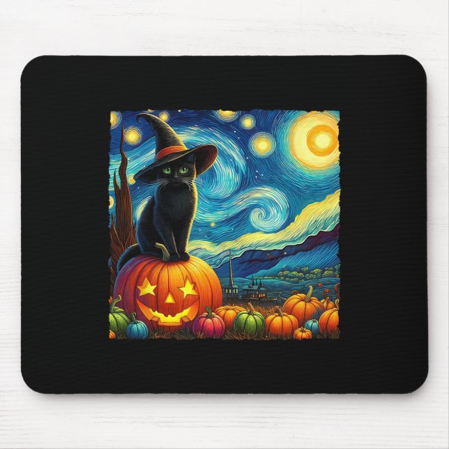 Alfombrilla De Ratón Halloween Van Gogh Starry Night Black Cat Wbruja H (Frente)