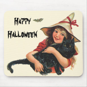 Alfombrilla De Ratón Halloween Vintage, Bruja Niña con Gato Negro