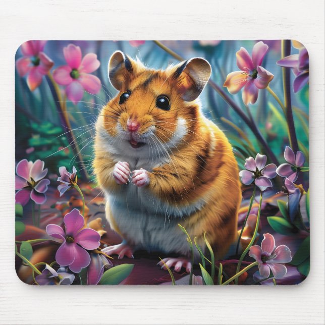 Alfombrilla De Ratón Hámster entre las flores rosadas (Frente)