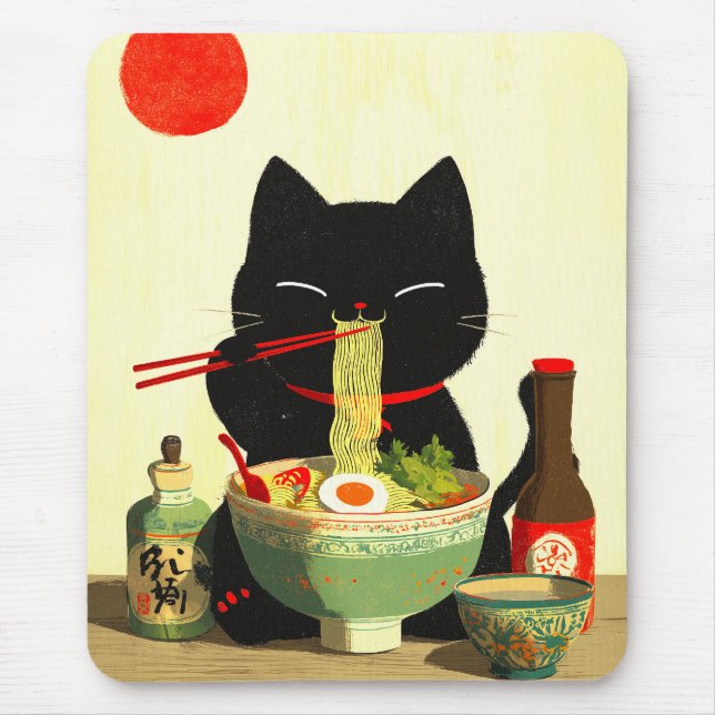 Alfombrilla De Ratón Happy Black Cat Eating Ramen | Japanese Ukiyo-e (Frente)