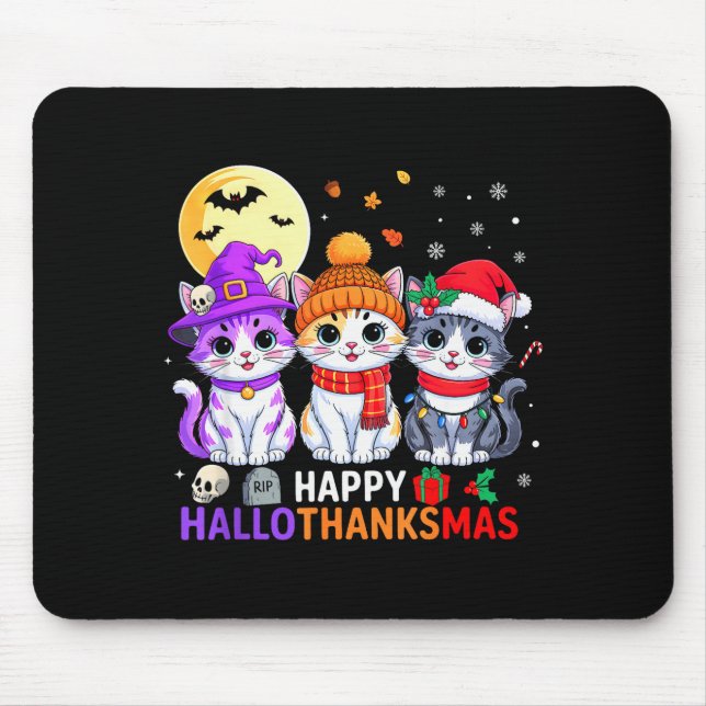 Alfombrilla De Ratón Happy Hallothanksmas Cats Halloween Thanksgiving C (Frente)