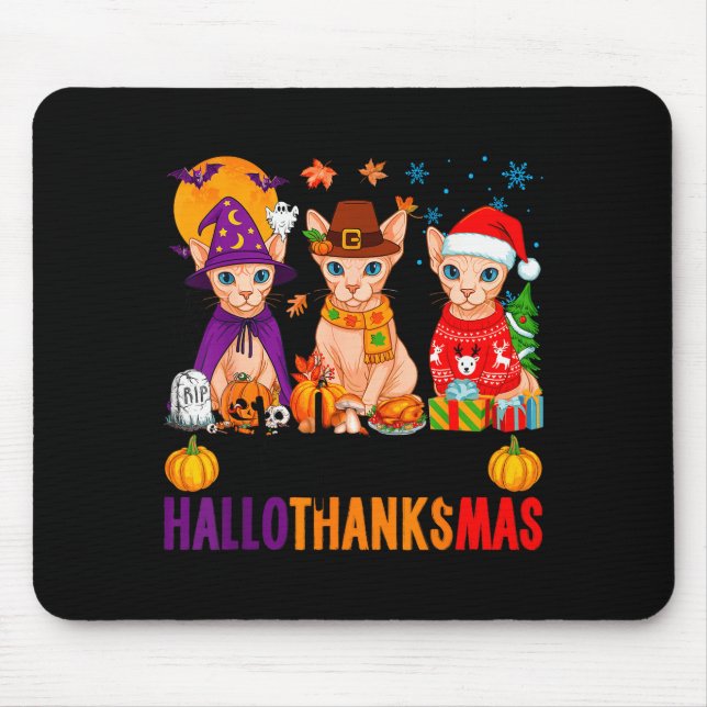 Alfombrilla De Ratón Happy Hallothanksmas Sphynx Cats Halloween Thanksg (Frente)