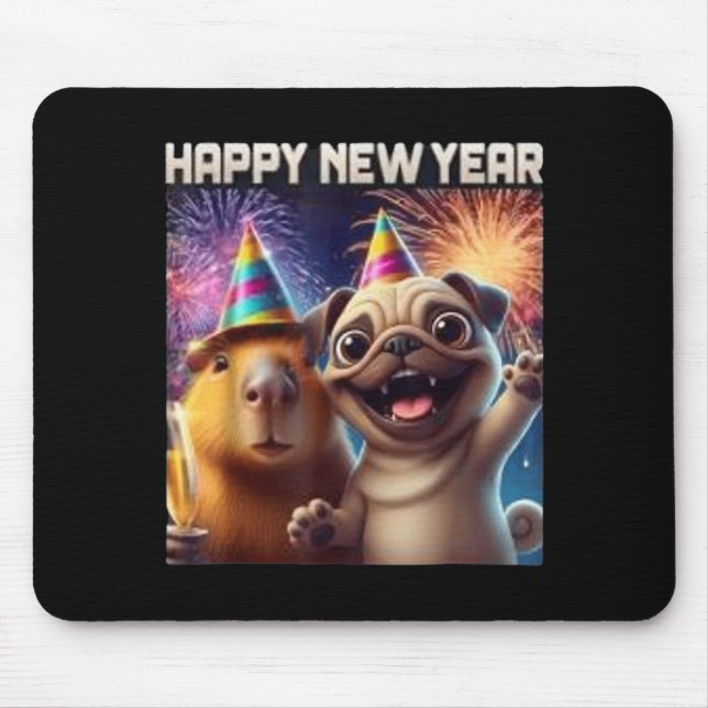 Alfombrilla De Ratón Happy New Year 2026 Capybara Pug Party Art  (Frente)