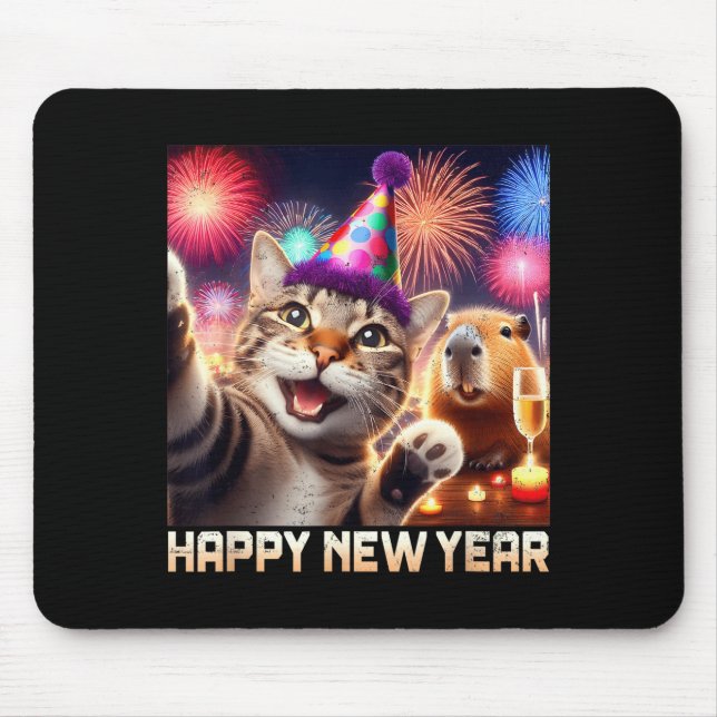 Alfombrilla De Ratón Happy New Year 2026 Cute Cat Capybara Party Art  (Frente)