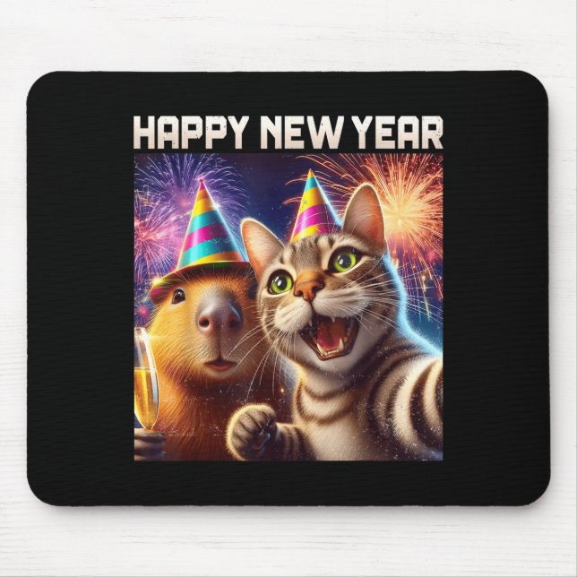 Alfombrilla De Ratón Happy New Year 2026 Cute Cat Capybara Party Art  (Frente)