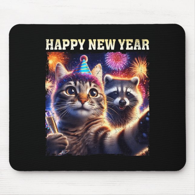 Alfombrilla De Ratón Happy New Year 2026 Cute Cat Raccoon Celebration  (Frente)