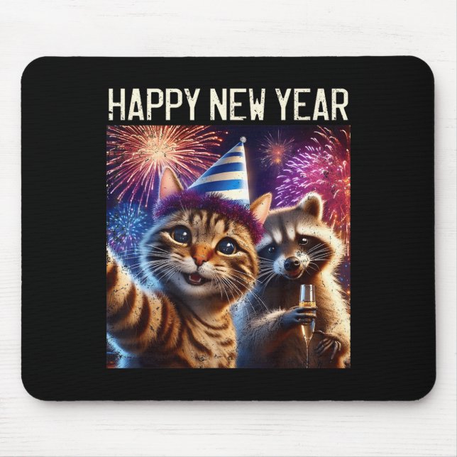 Alfombrilla De Ratón Happy New Year 2026 Cute Cat Raccoon Celebration  (Frente)