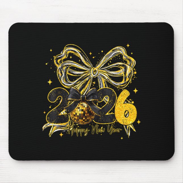 Alfombrilla De Ratón Happy New Year Cute Gold Disco Ball Bow New Year's (Frente)